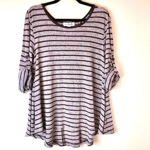 Simply Noelle | Women's Purple Striped Linen Blend Swing Scoop Neck Sweater S/M